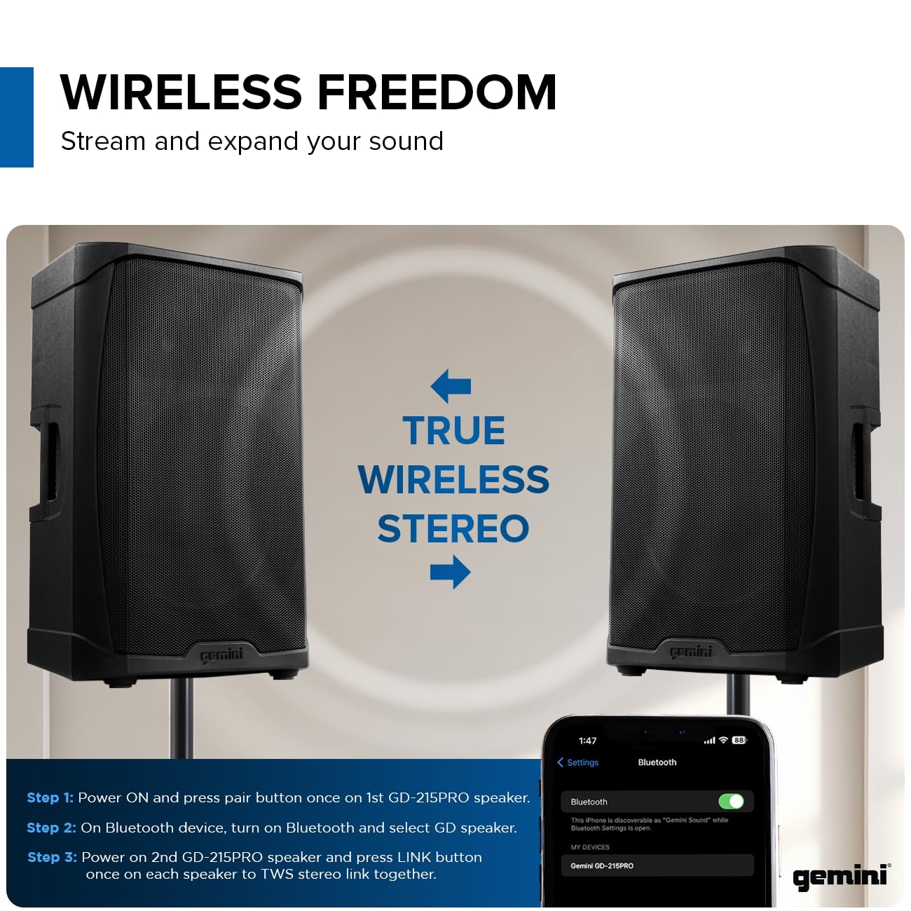 Amazon.com: Gemini GD-215PRO: 1300W Bluetooth DJ PA Speaker with